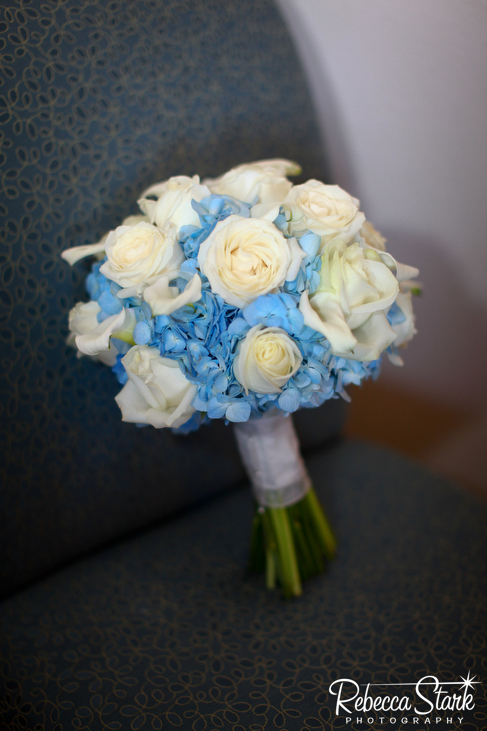 blue hydrangea and white roses bouquet