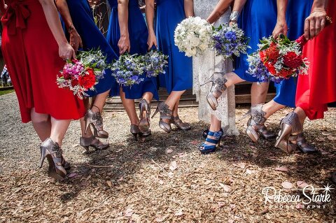 red white and blue bouquets and dresses